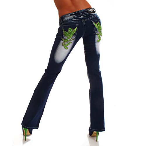 Crazy Age Damen Jeanshose mit neongrünem Phönix Schlaghose Bootcut (38) von Crazy Age