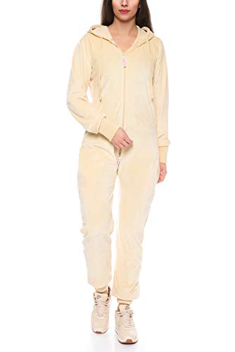 Crazy Age Damen Jumpsuit aus Samt (Nicki, Velvet) Wohlfühlen mit Style. Elegant, Kuschelig, Weich. Overall, Ganzkörperanzug, Jogging - Freizeit Anzug, Onesie (Beige, L) von Crazy Age