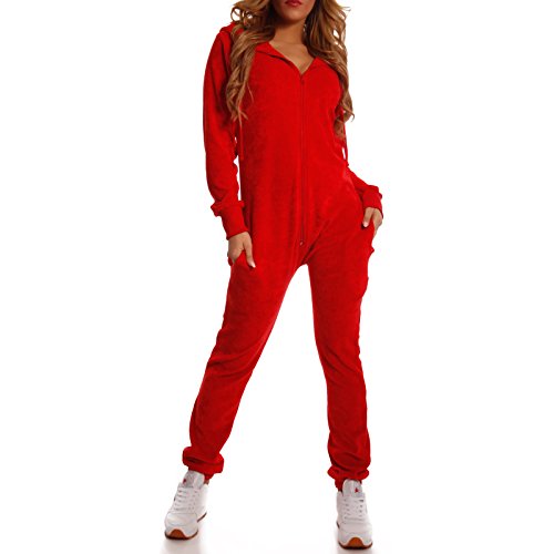 Crazy Age Damen Jumpsuit aus Samt (Nicki, Velvet) Wohlfühlen mit Style. Elegant, Kuschelig, Weich. Overall, Ganzkörperanzug, Jogging - Freizeit Anzug, Onesie (Rot, XL) von Crazy Age