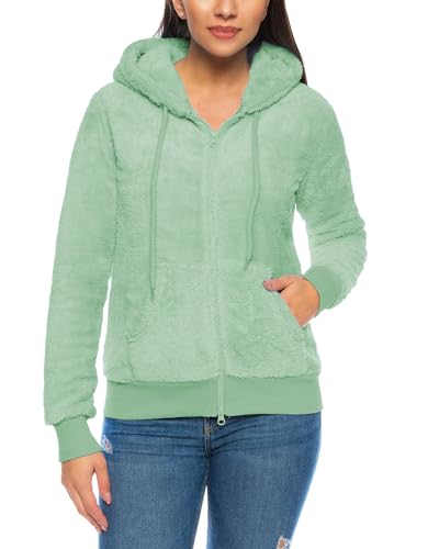 Crazy Age Damen Kapuzenjacke Teddy Fleece Plüschjacke mit Kapuze Casuale Zip Hoodie Cardigan mit Kangrootaschen Kuschelig Weich (Apfelgrün, 3XL) von Crazy Age