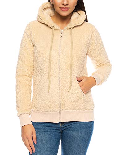 Crazy Age Herren und Damen Teddy-Fell Jacke mit Kapuze Fleecejacke Plüsch mit Kängruhtaschen - Zipper(CA-2914-Beige-L) von Crazy Age