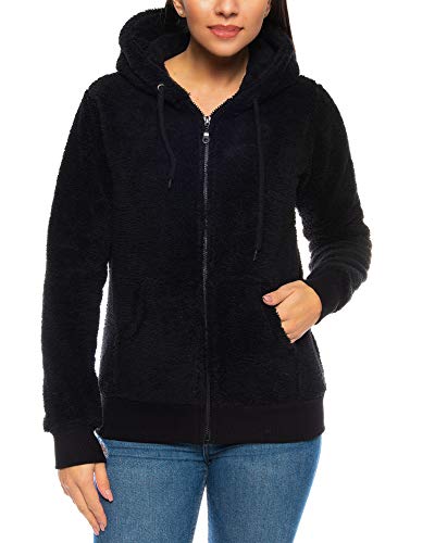 Crazy Age Herren und Damen Teddy-Fell Jacke mit Kapuze Fleecejacke Plüsch mit Kängruhtaschen - Zipper (CA-2914-Schwarz-XL) von Crazy Age