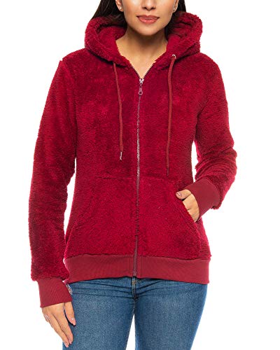 Crazy Age Herren und Damen Teddy-Fell Jacke mit Kapuze Fleecejacke Plüsch mit Kängruhtaschen - Zipper (CA-2914-Weinrot-M) von Crazy Age