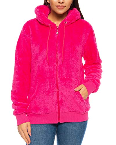 Crazy Age Herren und Damen Teddy-Fell Jacke mit Kapuze Fleecejacke Plüsch mit Kängruhtaschen - Zipper(CA-2914-Pink -XXL) von Crazy Age