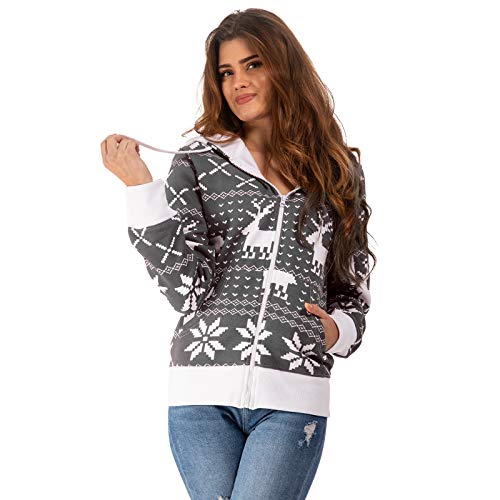 Crazy Age Damen Weihnachts Sweatjacke Kapuzenpullover Kapuzenjacken Renntier Eiskristalle (Anthrazit, XL) von Crazy Age