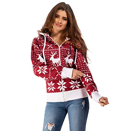 Crazy Age Damen Weihnachts Sweatjacke Kapuzenpullover Kapuzenjacken Renntier Eiskristalle (CA-H-505 Bordeaux, M) von Crazy Age