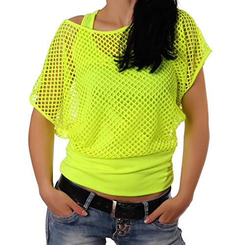 Crazy Age Frauen Partytop Sommertop Fasching Fest Karneval Halloween Netzoberteil aktueller Trend in Neonfarben Sommerfarben Cool Sexy Tops Damenoberteile (S/M, Neongelb (AMA)) von Crazy Age