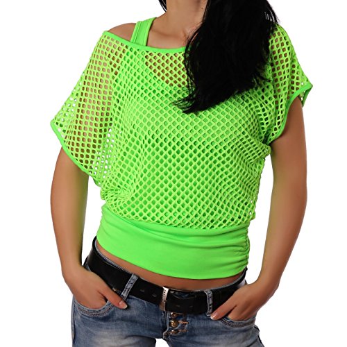 Crazy Age Frauen Partytop Sommertop Fasching Fest Karneval Halloween Netzoberteil aktueller Trend in Neonfarben Sommerfarben Cool Sexy Tops Damenoberteile (XXL, Neongrün(AMA)) von Crazy Age