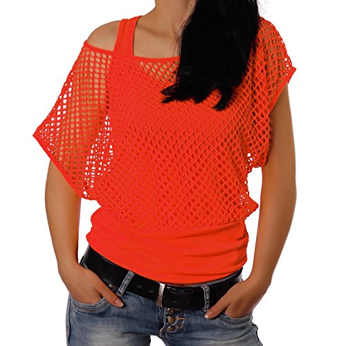 Crazy Age Frauen Partytop Sommertop Fasching Fest Karneval Halloween Netzoberteil aktueller Trend in Neonfarben Sommerfarben Cool Sexy Tops Damenoberteile (XXL, Neonorange(AMA)) von Crazy Age
