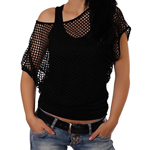 Crazy Age Frauen Partytop Sommertop Fasching Fest Karneval Halloween Netzoberteil aktueller Trend in Neonfarben Sommerfarben Cool Sexy Tops Damenoberteile (XXL, Schwarz(AMA)) von Crazy Age