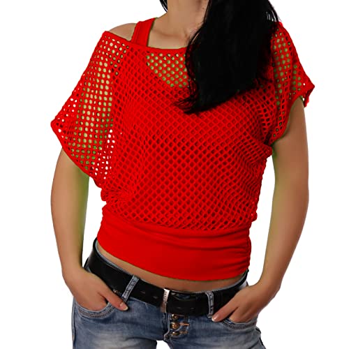 Crazy Age Frauen Partytop Sommertop Fasching Fest Netzoberteil aktueller Trend in Neonfarben (Partytop Rot S/M) von Crazy Age