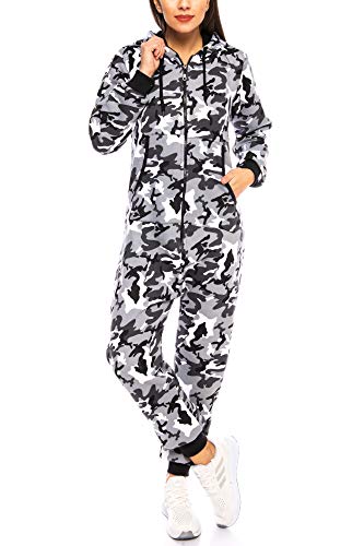 Herren Damen Partnerlook | Jumpsuit Overall Strampler Latzhose Onesie Sweat Camouflage Design | Warm Weich Sportlich (L, Grau/Sch.) von Crazy Age