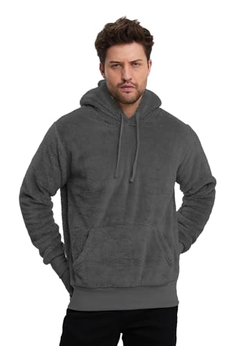 Crazy Age Herren und Damen Teddy-Fell Hoodie mit Kapuze Fleecekacke Plüsch mit Kängruhtaschen-RT-H-301-Anthrazit-M von Crazy Age