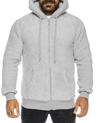 Crazy Age Herren und Damen Teddy-Fell Jacke mit Kapuze Fleecejacke Plüsch mit Kängruhtaschen - Zipper (RT-H-304-Hellgrau-XXL) von Crazy Age