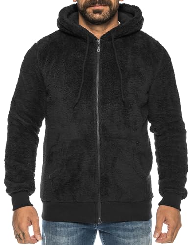 Crazy Age Herren und Damen Teddy-Fell Jacke mit Kapuze Fleecejacke Plüsch mit Kängruhtaschen - Zipper (RT-H-304-Schwarz-M) von Crazy Age
