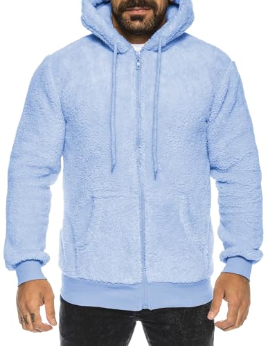 Crazy Age Herren und Damen Teddy-Fell Jacke mit Kapuze Fleecejacke Plüsch mit Kängruhtaschen - Zipper (RT-H-304-Sky -XXL) von Crazy Age