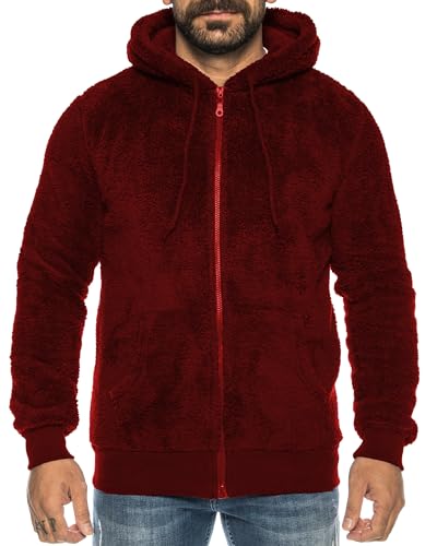 Crazy Age Herren und Damen Teddy-Fell Jacke mit Kapuze Fleecejacke Plüsch mit Kängruhtaschen - Zipper (RT-H-304-Weinrot- M) von Crazy Age