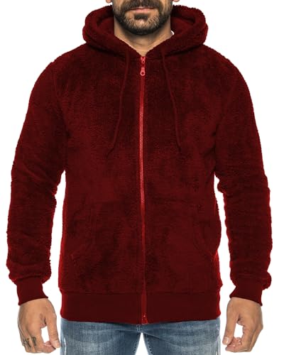 Crazy Age Herren und Damen Teddy-Fell Jacke mit Kapuze Fleecejacke Plüsch mit Kängruhtaschen - Zipper (RT-H-304-Weinrot- XL) von Crazy Age