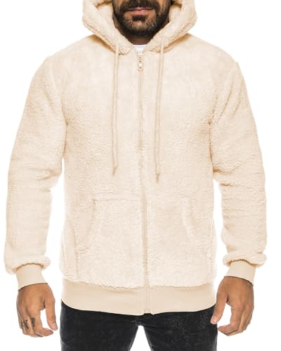 Crazy Age Herren und Damen Teddy-Fell Jacke mit Kapuze Fleecejacke Plüsch mit Kängruhtaschen - Zipper (RT-H-304-Beige -6XL) von Crazy Age