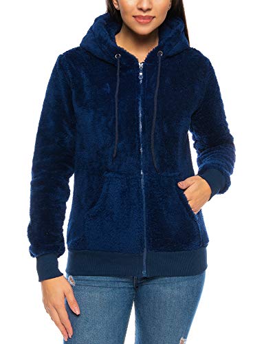 Crazy Age Herren und Damen Teddy-Fell Jacke mit Kapuze Fleecejacke Plüsch mit Kängruhtaschen - Zipper-CA 2914-Nevi-L von Crazy Age