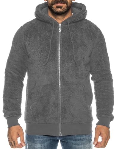 Crazy Age Herren und Damen Teddy-Fell Jacke mit Kapuze Fleecejacke Plüsch mit Kängruhtaschen - Zipper (RT-H-304-Anthrazit - XXL) von Crazy Age