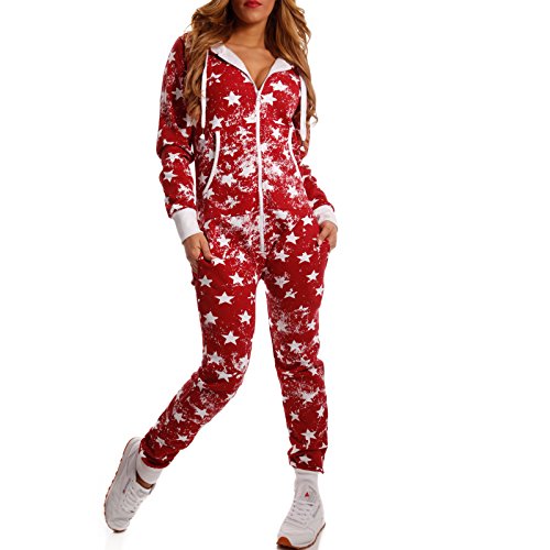 Crazy Age Jumpsuit Strampler Ganzkörperanzug Overall Sternen Weihnachtssterne Kuschelig Warm (M, Weinrot (A)) von Crazy Age