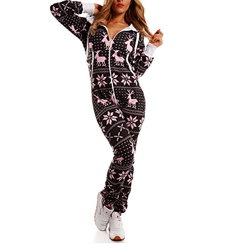 Crazy Age Kuscheliger Jumpsuit(Hoodie) Sweat Overall Ganzkörperanzug mit Renntier- Eiskristalle Motive CA-J-603 Relaxen Chillen (Schwarz/Rosa, L) von Crazy Age