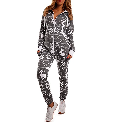 Crazy Age Kuscheliger Jumpsuit Sweat Overall Ganzkörperanzug mit Renntier- Eiskristalle Motive CA-J-603 Relaxen Chillen (Dunkelgrau, 3XL) von Crazy Age