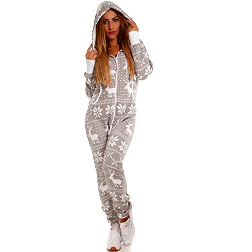 Crazy Age Kuscheliger Jumpsuit Sweat Overall Ganzkörperanzug mit Renntier- Eiskristalle Motive CA-J-603 Relaxen Chillen (Hellgrau, L) von Crazy Age