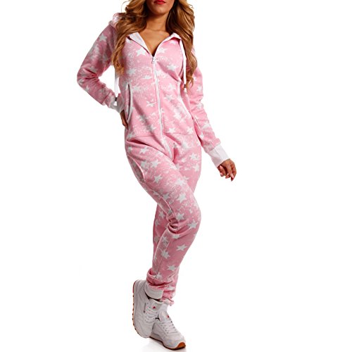 Crazy Age Kuscheliger Jumpsuit Sweat Overall Ganzkörperanzug mit Renntier- Eiskristalle Motive CA-J-603 Relaxen Chillen (CA -J-503 Rosa (Star), XS) von Crazy Age