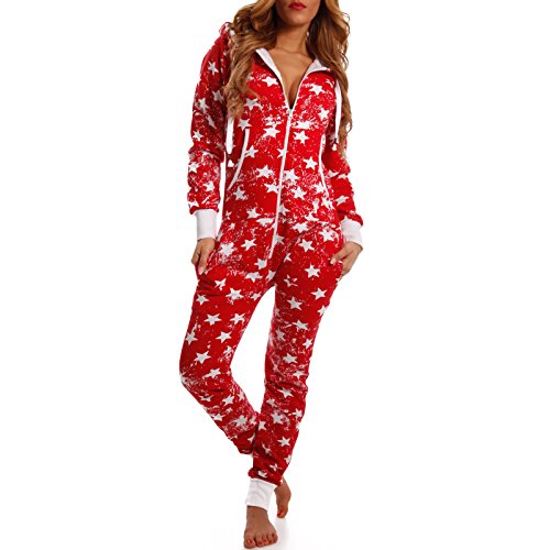 Crazy Age Kuscheliger Jumpsuit Sweat Overall Ganzkörperanzug mit Renntier- Eiskristalle Motive CA-J-603 Relaxen Chillen (CA -J-503 Rot L) von Crazy Age