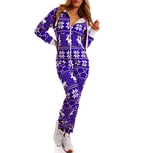 Crazy Age Kuscheliger Jumpsuit Sweat Overall Ganzkörperanzug mit Renntier- Eiskristalle Motive CA-J-603 Relaxen Chillen (Royalblau, L) von Crazy Age