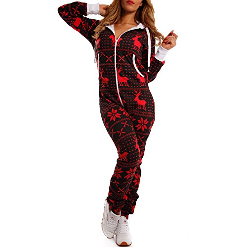 Crazy Age Kuscheliger Jumpsuit Sweat Overall Ganzkörperanzug mit Renntier- Eiskristalle Motive CA-J-603 Relaxen Chillen (Schwarz/Rot, XXL) von Crazy Age