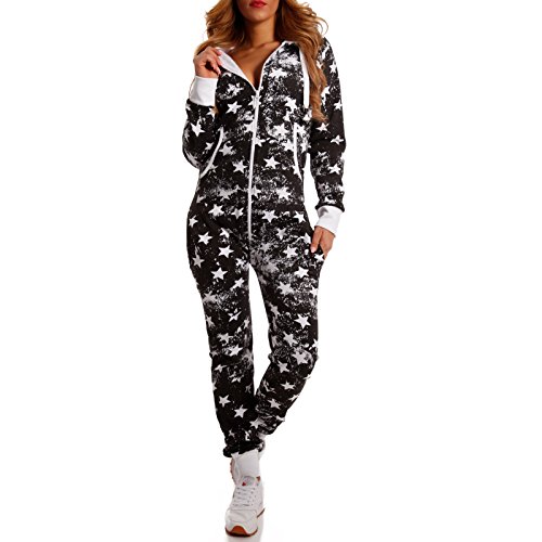 Crazy Age Kuscheliger Jumpsuit Sweat Overall Ganzkörperanzug mit Renntier- Eiskristalle Motive CA-J-603 Relaxen Chillen (CA -J-503 Schwarz XS) von Crazy Age