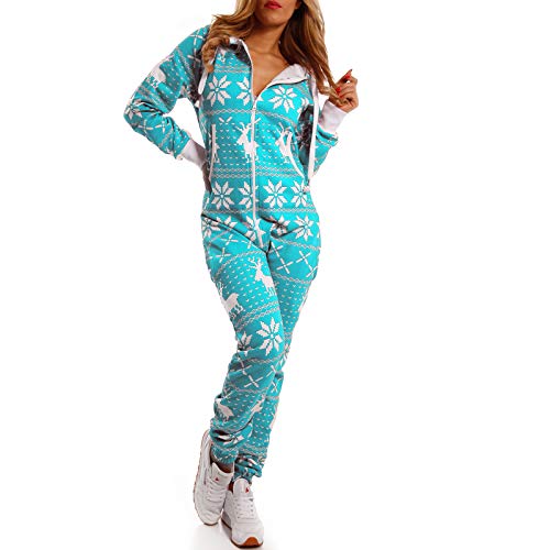 Crazy Age Kuscheliger Jumpsuit Sweat Overall Ganzkörperanzug mit Renntier- Eiskristalle Motive CA-J-603 Relaxen Chillen (Türkis, S) von Crazy Age