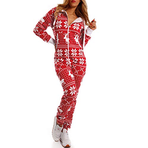 Crazy Age Kuscheliger Jumpsuit Sweat Overall Ganzkörperanzug mit Renntier- Eiskristalle Motive CA-J-603 Relaxen Chillen (Weinrot, L) von Crazy Age