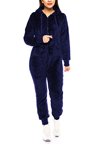 Crazy Age Teddyfleece Teddyfell Jumpsuit flauschig und kuschelig weich warm Einteiler Ganzkörperanzug Overall warm (Dunkelblau(620), XS) von Crazy Age