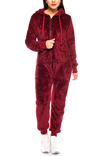 Crazy Age Teddyfleece Teddyfell Jumpsuit flauschig und kuschelig weich warm Einteiler Ganzkörperanzug Overall warm (CA-J-620 Weinrot, XS) von Crazy Age