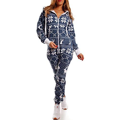 Crazy Age Kuscheliger Jumpsuit(Hoodie) Sweat Overall Ganzkörperanzug mit Renntier- Eiskristalle Motive CA-J-603 Relaxen Chillen (Navy/weiß, M) von Crazy Age