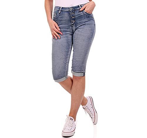 Damen Jeans Shorts Knopfleiste aussen Basic Highwaist helle Waschung elastisch bequeum (Blau3092, 40, numeric_40) von Crazy Age