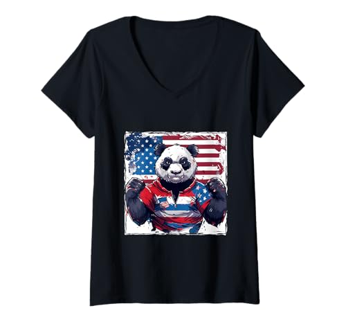 Damen American Panda Maskottchen USA Flagge T-Shirt mit V-Ausschnitt Damen American Panda Maskottchen USA Flagge T-Shirt mit V-Ausschnitt von Crazy Animals USA Fun Mood Inc
