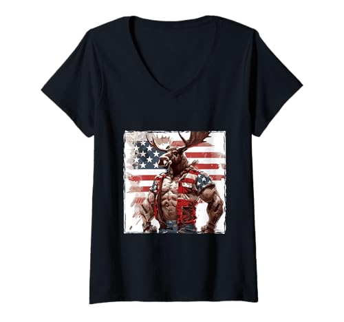 Damen Amerikanische Elchmaskottchen USA Flagge T-Shirt mit V-Ausschnitt Damen Amerikanische Elchmaskottchen USA Flagge T-Shirt mit V-Ausschnitt von Crazy Animals USA Fun Mood Inc