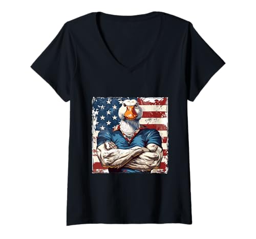 Damen Amerikanische Gans Maskottchen USA Flagge T-Shirt mit V-Ausschnitt Damen Amerikanische Gans Maskottchen USA Flagge T-Shirt mit V-Ausschnitt von Crazy Animals USA Fun Mood Inc