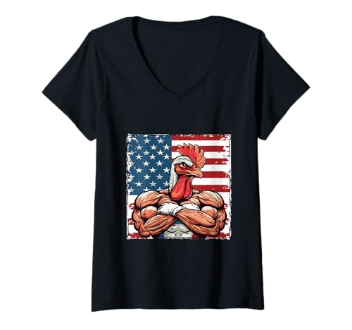 Damen Amerikanische Hahn-Huhn-Maskottchen, USA-Flagge T-Shirt mit V-Ausschnitt von Crazy Animals USA Fun Mood Inc