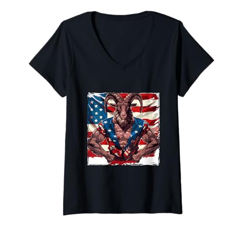 Damen Amerikanische Ziege Maskottchen USA Flagge T-Shirt mit V-Ausschnitt Damen Amerikanische Ziege Maskottchen USA Flagge T-Shirt mit V-Ausschnitt von Crazy Animals USA Fun Mood Inc