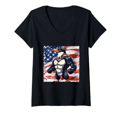 Damen Amerikanischer Pinguin-Maskottchen USA-Flagge T-Shirt mit V-Ausschnitt Damen Amerikanischer Pinguin-Maskottchen USA-Flagge T-Shirt mit V-Ausschnitt von Crazy Animals USA Fun Mood Inc