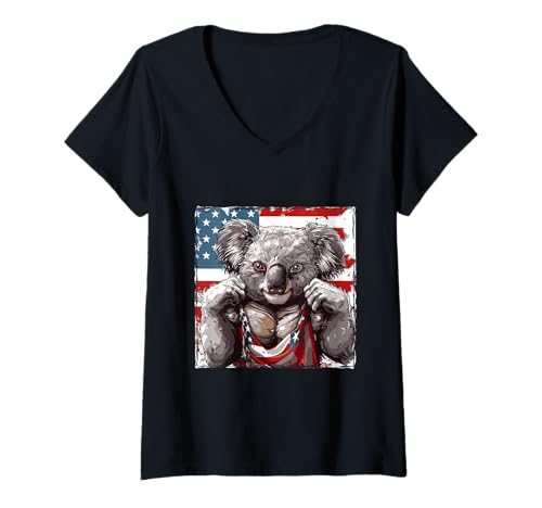 Damen Amerikanisches Koala-Maskottchen, USA- T-Shirt mit V-Ausschnitt Damen Amerikanisches Koala-Maskottchen, USA- T-Shirt mit V-Ausschnitt von Crazy Animals USA Fun Mood Inc