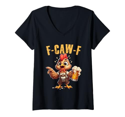 Damen Lustiges Huhn Schreit F-CAW-F Chicken Bier Lederhosen Tracht T-Shirt mit V-Ausschnitt Damen Lustiges Huhn Schreit F-CAW-F Chicken Bier Lederhosen Tracht T-Shirt mit V-Ausschnitt von Crazy Chicken Trachten Ersatz Volksfest Bier