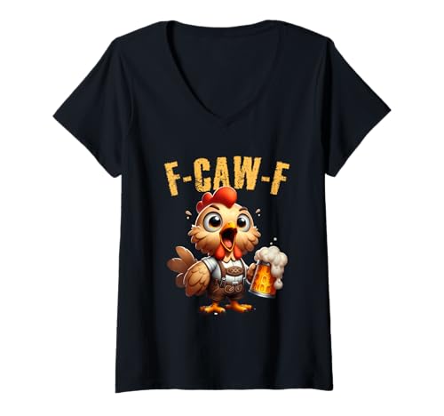 Damen Lustiges Huhn Schreit F-CAW-F Chicken Bier Lederhosen Tracht T-Shirt mit V-Ausschnitt Damen Lustiges Huhn Schreit F-CAW-F Chicken Bier Lederhosen Tracht T-Shirt mit V-Ausschnitt von Crazy Chicken Trachten Ersatz Volksfest Bier