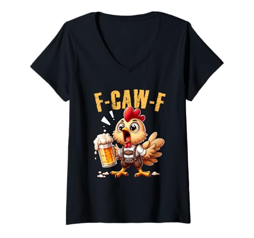 Damen Lustiges Huhn Schreit F-CAW-F Chicken Bier Lederhosen Tracht T-Shirt mit V-Ausschnitt Damen Lustiges Huhn Schreit F-CAW-F Chicken Bier Lederhosen Tracht T-Shirt mit V-Ausschnitt von Crazy Chicken Trachten Ersatz Volksfest Bier